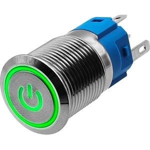 ProRide Metalen Pulsschakelaar 220V OFF-(ON) - 16mm - Momentschakelaar - Spatwaterdicht - LED Indicatie Groen