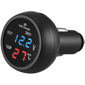 3-in-1 USB Autolader met Voltmeter + Thermometer - 12/24V - 9~70°C - USB 5V/2.1A - Blauw