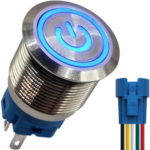 ProRide® Metalen Drukschakelaar 12V ON-OFF met Aansluitkabel - 16mm - Aan/uit schakelaar - Spatwaterdicht - 12V/24V - LED Indicatie Blauw