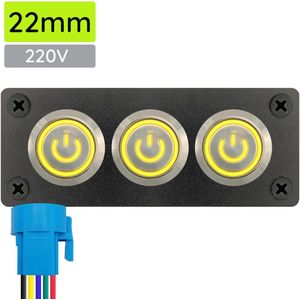 ProRide Metalen drukschakelaar 220V ON-OFF - Inbouwpaneel drievoudig - 22mm - IP67 - LED indicatie Geel