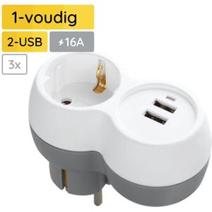 Technik Verdeelstekker met USB Horizontaal - 1-Voudig en 2x USB - Doorvoerstekker - Wit  - 3 Stuks