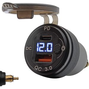 ProRide USB Lader Motor met Voltmeter/Schakelaar - Din Hella - PD/QC3.0 - 12V/24V - Motor USB C lader 2 poorten - Blauw