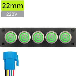 ProRide Metalen drukschakelaar 220V ON-OFF - Inbouwpaneel vijfvoudig - 22mm - IP67 - LED indicatie Groen