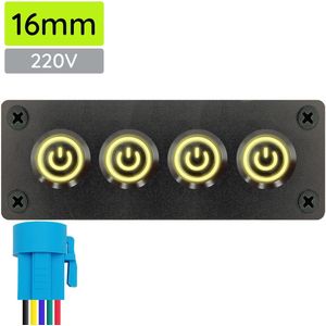 ProRide Metalen Drukschakelaars ON-OFF 220V  - 16mm - Viervoudig inbouwpaneel - IP67 - LED indicatie Geel