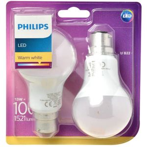 Philips LEDbulb A60 B22 13W 3000K 1521lm 230V - 2-Pack - Warm Wit