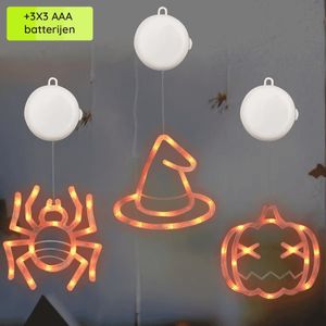 Halloween Verlichting Raam Set - 20 cm - Heksenhoed, Spin, Pompoen - Met Zuignap - 3 stuks