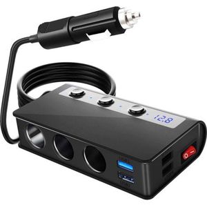 Auto Sigarettenaansteker Splitter 12/24V -USB Autolader Met Schakelaar En Voltmeter - 3x Sigaretten Aansluitingen - 3x USB Snellader - 1x USB-C Snellader