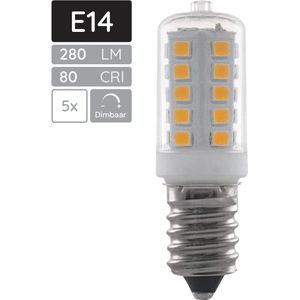 SPL E14 LED Lamp 3W Dimbaar - Warm Wit - 280lm - LED Buislamp T16 - 5 Stuks