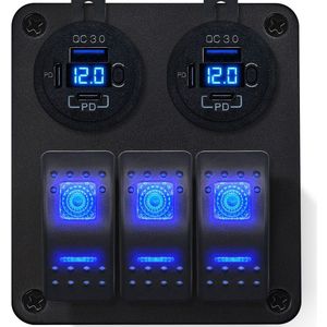 ProRide Schakelpaneel 12V voor Auto/Boot - USB C Stopcontact 6 Poorten met Schakelaar/Voltmeter - QC3.0 - 3 schakelaars - Blauw