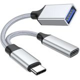 2-In-1 OTG USB Adapter - USB Type-C Naar USB+USB Type-C - Gegevensoverdracht Met Oplaadpoort - Zilver