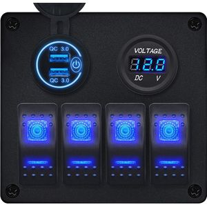 ProRide Schakelpaneel 12V voor Auto/Boot - USB Lader 2 poorten met Voltmeter - QC3.0 - 4 Schakelaars