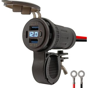 ProRide 12V USB Lader Motor - USB C Aansluiting Motor - 3 Poorten met Schakelaar/Voltmeter - QC3.0 - Voor Motor en Motorfiets - Blauw