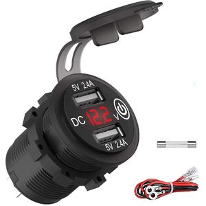 12V USB Autolader 2 Poorten Inbouw met Schakelaar/Voltmeter/Aansluitkabel - 5V/2.4A - USB Stopcontact Auto, Boot en Camper - Rood