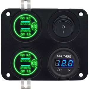 ProRide 12V USB Autolader 4 Poorten - QC3.0 - Voltmeter en Schakelaar - Vierkant inbouw paneel