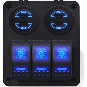 ProRide Schakelpaneel 12V voor Auto/Boot - USB C Autolader 4 Poorten - 30W - QC4.0 - 3 schakelaars - Blauw