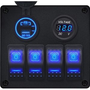 ProRide Schakelpaneel 12V voor Auto/Boot - USB/USB C Lader 2 Poorten met Voltmeter - QC3.0 - 4 Schakelaars