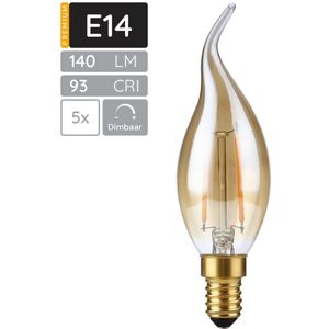 SPL E14 LED Lamp 2W Dimbaar - CRI 93 - Goud - Extra Warm Wit - 2200K - LED Filament Kaars Vlam C35 - Vervangt 15W - 5 Stuks