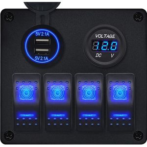 ProRide Schakelpaneel 12V voor Auto/Boot - USB Lader 2 Poorten met Voltmeter - 5V/2.1A - 4 Schakelaars