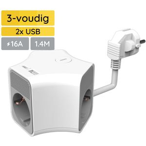 Technik Stekkerdoos Cube met USB 1.4 Meter - 3-Voudig - USB C - USB A - Wit