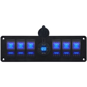 ProRide Schakelpaneel 12V voor Auto/Boot - USB C Stopcontact 3 Poorten met Schakelaar/Voltmeter - QC3.0 - 6 schakelaars - Blauw