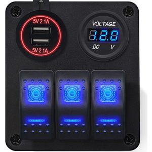 ProRide Schakelpaneel 12V voor Auto/Boot - USB C Lader 3 poorten met Voltmeter - QC3.0 - 3 Schakelaars