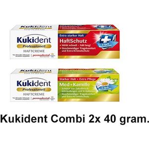 Kukident Kleefpasta Voordeelset 2 Stuks – 1× Extra Sterk & 1× Professional Sterk Med + Kamille – 40 g Tubes – Sterke Fixatie voor Kunstgebitten