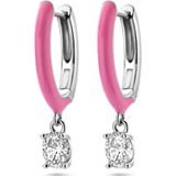 Zilver Gerhodineerde klapoorringen zirkonia en roze emaille 1338593