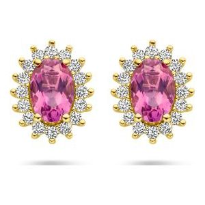 14K Geelgoud - Oorknoppen - Roze Topaas en Zirkonia - 9,5 mm