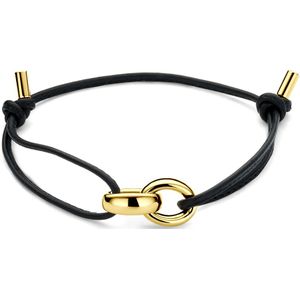18K geelgoud armband zwart leer 15 - 26 cm 7000397