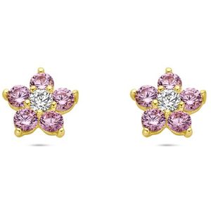 14K geelgoud oorknoppen bloem roze en wit zirkonia 4029338