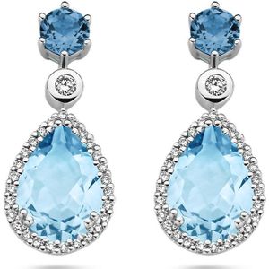 Oorhangers - London Blue Topaas - Blauw Topaas en Diamant 0.19ct - 14K Witgoud