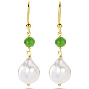 zilver verguld (geel) oorhangers parel barok en groen agaat franse haak 1 micron 2103602
