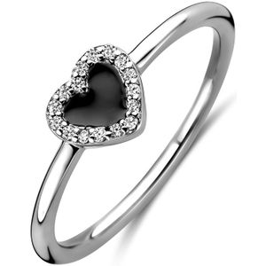 Zilver Gerhodineerde ring hart, zirkonia en zwart emaille halo 1338598 17.75