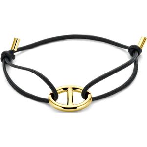 18K geelgoud armband zwart leer marine 15 - 26 cm 7000396