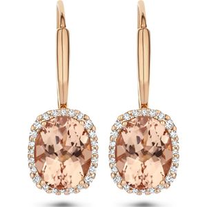18K roségoud oorhangers morganiet en diamant 0.23ct (2x0.115ct) h si brisur haak halo 7400009