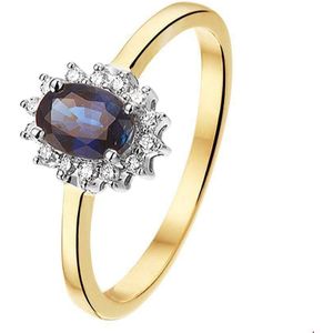 Ring - Bicolor - Geel/Wit - 14K Goud - Saffier en Diamant 0.10ct H SI - Halo