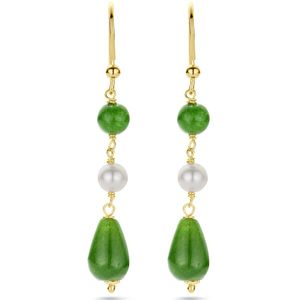 zilver verguld (geel) oorhangers parel en groen agaat franse haak 1 micron 2103604