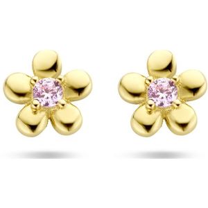 14K geelgoud oorknoppen bloem roze zirkonia 4026897