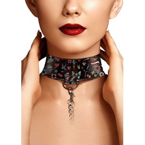 Printed Collar With Leash - Old School Tattoo Style - Black