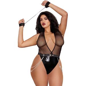 Faux-Leather Deep Plunge Halter Teddy - OSQ