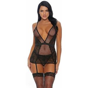 Caught You Looking Chemise with Garter Straps and Panty - Black S