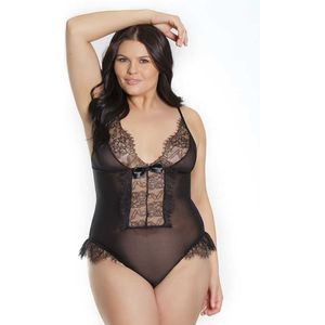 Sheer Crotchless Teddy with Eyelash Lace - Black - QS