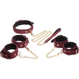 6 Piece Velvet Bondage Set Burgundy Cuffs. Collar. and Leash