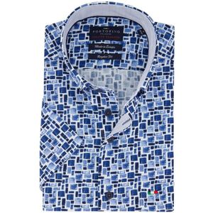 Portofino casual overhemd korte mouw regular fit wit blauw blokken print katoen