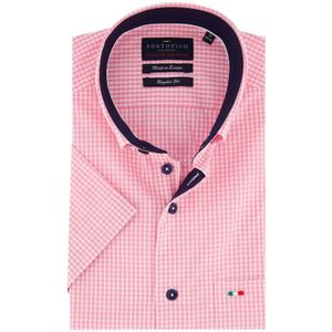 Portofino casual overhemd korte mouw wijde fit roze met wit geruit katoen