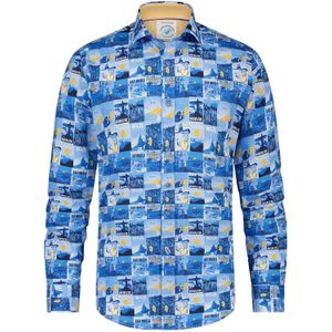 A Fish Named Fred casual overhemd blauw geprint katoen-stretch slim fit
