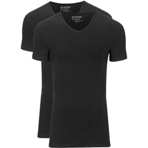 Slater t-shirt effen katoen zwart 2-pack v hals stretch