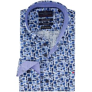 Portofino overhemd ml 7 blauw geprint tailored fit met button down boord