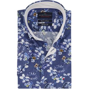 Portofino overhemd korte mouw  blauw bloemenmotief katoen wijde fit