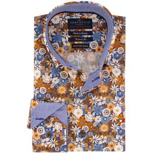 Overhemd Portofino mouwlengte 7 tailord fit blauw geprint katoen